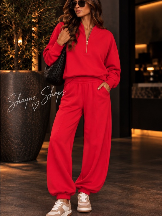 Zenana Outfitters Pants - Zenana Outfitters Red Quarter Zip and Jogger Set